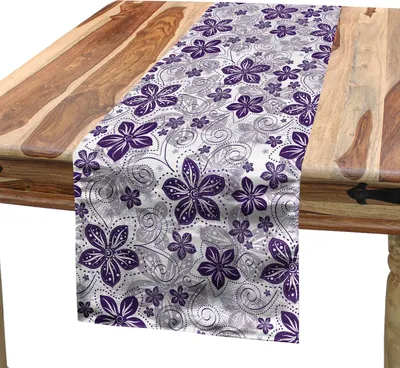 Produktbild von ABAKUHAUS Blumen Tischläufer, Grafik Abstrakt Garten Theme mit stilisierten Blütenblättern und Kurven, 40 x 180 cm, Lila grau Lila