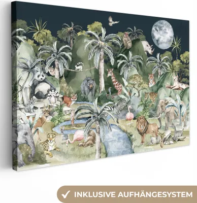 Produktbild von MuchoWow® - Leinwandbilder - Kinder - Dschungel - Natur - Tiere - Pflanzen, Wandbild, Wanddeko Bilder Wohnzimmer, 120x80cm