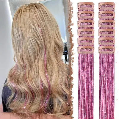 Immagine prodotto di Fili scintillanti per capelli, 12 pezzi, lunghezza 50 cm, colore rosa glitter