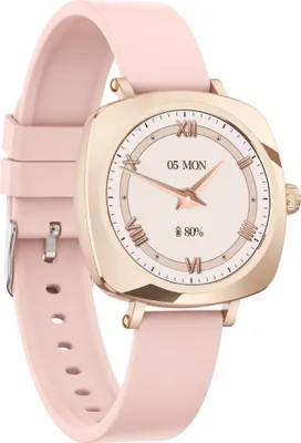 A pink and gold smartwatch is shown against a white background.