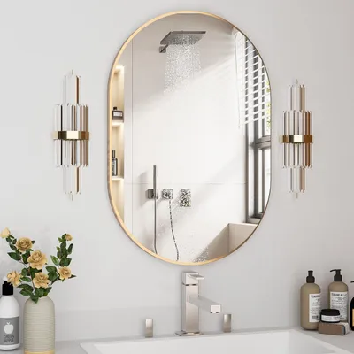 Zdjęcie produktu dla Owalne lustro ścienne, 50x75 cm, złota metalowa rama, do łazienki lub salonu