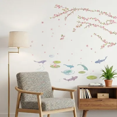 Image de Autocollants muraux décoratifs représentant des fleurs, des nénuphars et des poissons