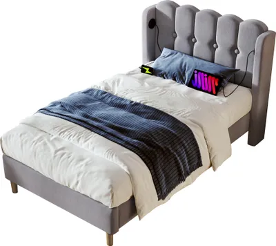 Produktbild von Polsterbett 90x200 cm Grau Leinenmaterial mit USB Typ C Ladefunktion und Lattenrost für Schlafzimmer