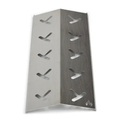 A metal corner piece with cut-out shapes, likely a grill part.