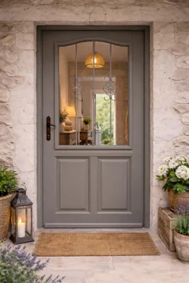 Immagine prodotto di Porta d'ingresso in legno con vetro Santiago Grigio Quarzo, H.200 x L.90 cm, lato tavolo, apertura dritta, maniglia, cilindro GD MENUISERIES