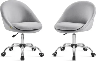 Two gray office chairs with silver legs and wheels are shown against a white background.