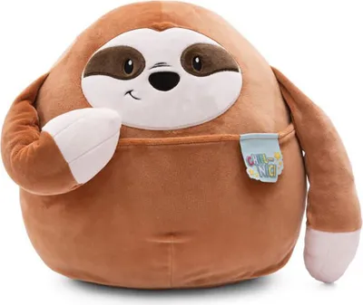 A plush sloth toy is shown against a white background.