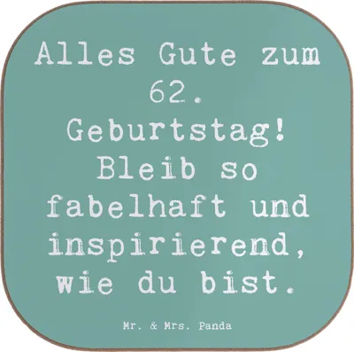 Produktbild von Mr. & Mrs. Panda Tischuntersetzer Spruch 62. Geburtstag Freude - Meeresbrise - Geschenk, Untersetzer Tasse, für Gläser, Tischschoner, liebevoll, Alter, einzigartig, Glas