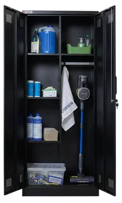 Produktbild von Flügeltürenschrank RHINO mit 2 Türen, abschließbar | HxBxT 170x70x30cm | 5 Fächern & Kleiderstange | Stahl mit Pulverbeschichtung | Schwarz | Putzmittelschrank Besenschrank Mehrzweckschrank Haushaltsschrank