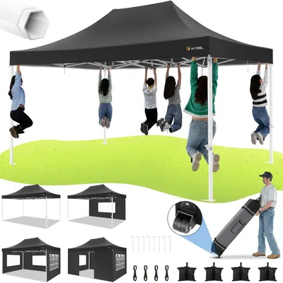 Produktbild von Faltpavillon 3x4,5m Wasserdicht Stabil mit 4 Seitenteilen, Partyzelt Gartenzelt, Schwarz, Rollentasche