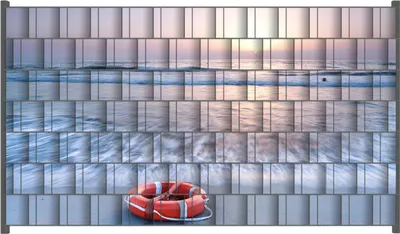 Produktbild von Wallario Zaunsichtschutz mit Motiv Rettungsring am Strand bei Sonnenuntergang für Ein- und Doppelstabmatten Zäune in der Größe 250 x 140 cm