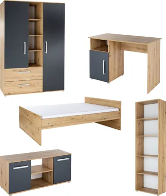 Produktbild von arthur berndt Jugendzimmer Set Alessio 5-teilig Kleiderschrank Schreibtisch 140 x 200 cm Bett Standregal Lowboard
