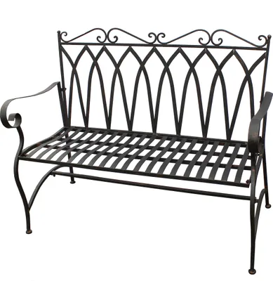 A black metal garden bench with an ornate backrest and armrests, shown against a white background.