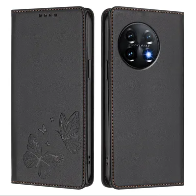 Produktbild von Lederhülle für OnePlus 11, Schmetterling Prägung Leder Brieftasche Schutzhülle mit Ständer Schwarz