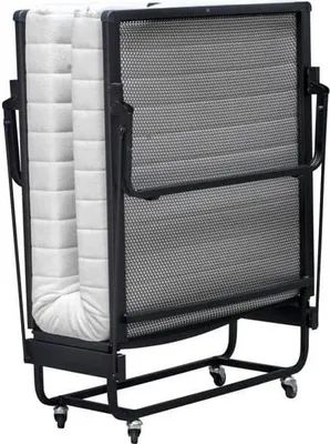 A folded guest bed with a mattress and metal frame on a white background.