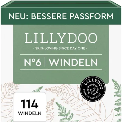 Zdjęcie produktu dla Pieluchy LILLYDOO, rozmiar 6 (13+ kg), przyjazne dla skóry, zestaw miesięczny, 114 sztuk