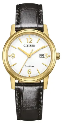 Zdjęcie produktu dla Zegarek damski Citizen model: EW2722-01A ze złotą kopertą i skórzanym paskiem