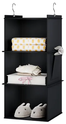 Produktbild von Hängeregal, Kleiderschrank-Organizer, Hängeaufbewahrung mit Bambusstangen und verstärkten MDF-Platten, für Kleidung, platzsparend und faltbar, Bambuseinsätze, 3 Fächer, schwarz