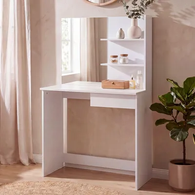 Obrázek produktu pro FineBuy: Toaletní stolek, 75 cm, bílý. Moderní kosmetický stolek s zrcadlem a policí. Bílá komoda s zásuvkou. Velký, moderní toaletní stolek