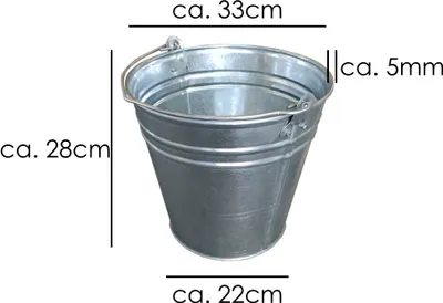 A galvanized bucket with dimensions indicated by text and lines.