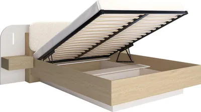 Produktbild von Stauraumbett mit Nachttischen 160 x 200 cm - Mit LEDs - Beige und Naturholz - LYORIMA