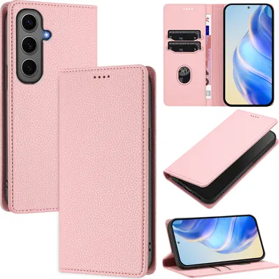 Image de Etui en cuir pour Samsung Galaxy S24+, Litschi cuir, étui portefeuille avec fentes pour cartes et support Rose