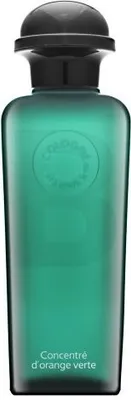A product shot of a green glass bottle of perfume with a black cap.