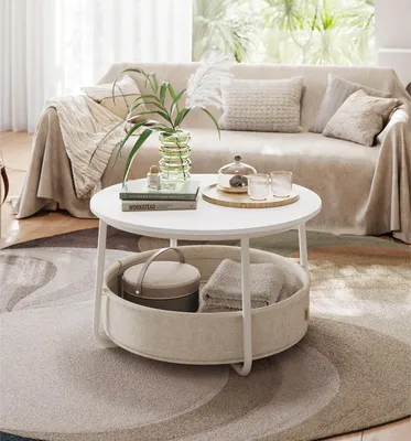 Produktbild von VASAGLE Couchtisch rund,  Wohnzimmertisch mit Korb aus Stoff, modern, Mattweiß