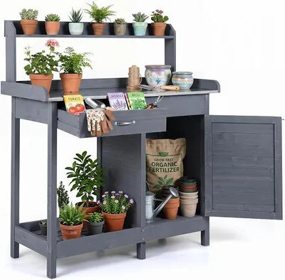 Imagen del producto de Mesa de cultivo con cajones y armario inferior, mesa de jardinería (gris)