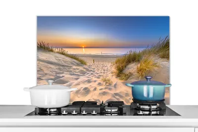 Produktbild von KitchenYeah®  Spritzschutz Küche - Küchenrückwand - Wandschutz für Herd und Spüle - Düne - Sonnenuntergang - Horizont - Strand - Gras 90x60 - Alu-Dibond (Alternative zum Spritzschutz aus Glas) - Hitze