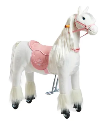 A white toy horse with a pink saddle and bridle, standing on a white background.