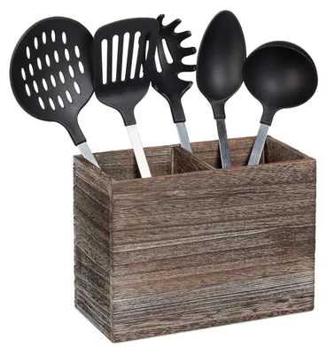 Image de TRANKIELO® - Rangement pour ustensiles de cuisine en bois – 2 compartiments pour couverts – Marron foncé – 24x12x17 cm