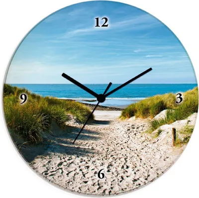 Produktbild von ARTland Glas Wanduhr Funkuhr - schwarzer Zeiger Strand mit Sanddünen und Weg zur See Größe: 30x30 cm