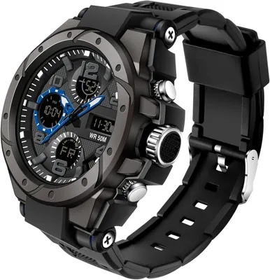 Produktbild von Herren Militär Sportuhr Analog Digital 5ATM Wasserdicht mit Dualzeit, Stoppuhr, Wecker, Kalender, LED Display Rot Schwarz