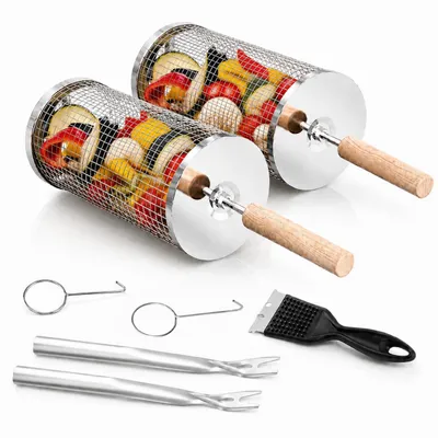 Produktbild von Nestbar Rollender Grillkorb,Abnehmbarer Wärmedämmung Holzgriff,Edelstahl 304,24x10cm,für Gasgrill,Elektro und Holzkohle Grill,für Camping,Gril,Outdoor