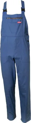 A pair of blue overalls on a white background.