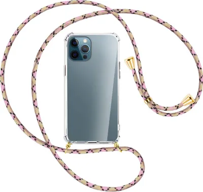 Produktbild von Handykette Backcover-Schutzhülle mit Band (Metall goldfarben) für Apple iPhone 12 Pro Max - rosa Karo