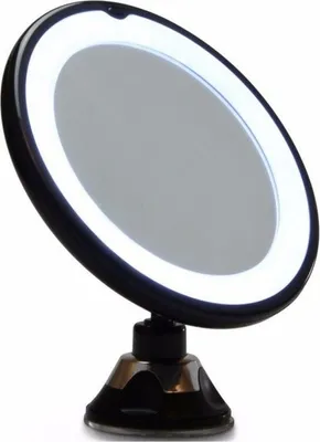 A black makeup mirror with a ring light and a suction cup base is shown against a white background.