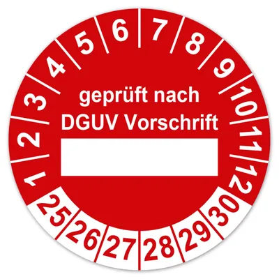 Prüfplaketten 30 mm, rot, 50 Stück, DGUV, 2025-2030, Vinyl