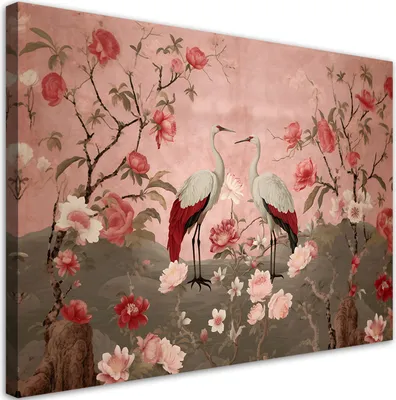 Produktbild von Leinwandbild Blumen und Vögel Chinoiserie 90x60 Feeby Rosa bild für die wand bereit zum aufhängen