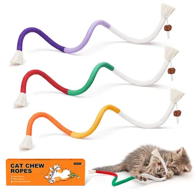 Produktbild von Katzenspielzeuge, Kauspielzeugseil für Katzen (3er-Set), Katze Beißstange, Katze neckt Spielzeug, Kätzchen Zahnputzspielzeug, 70cm, Mit Katzenminze