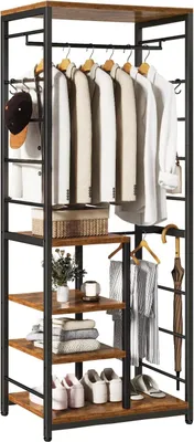 Imagen del producto de Perchero independiente con ruedas, estructura de acero, color marrón rústico, con ganchos, ideal para pasillos y dormitorios