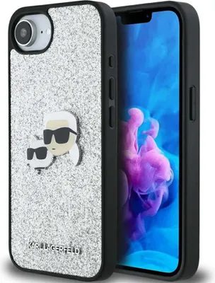 Produktbild von Karl Lagerfeld Fixed Glitter Karl & Choupette Heads Metal Pin - Etui für iPhone 16e (srebrny)