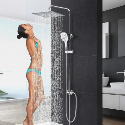 Produktbild von Regendusche Duschsystem Edelstahl Duscharmatur Ohne Armatur Set Duschstange mit brause Duschkopf mit Schlauch und Halterung 3 Strahlarten,30x30cm Eckig Kopfbrause Duschset,Chrom