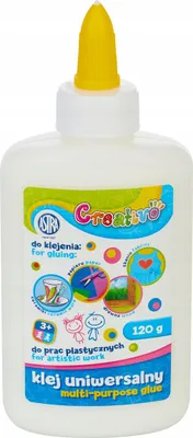 A bottle of multi-purpose glue with a label showing illustrations of artistic work.