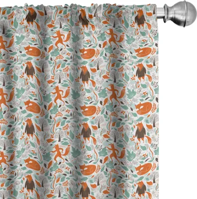 Zdjęcie produktu dla ABAKUHAUS Zasłony, firanki, karykatura zabawnego lisa Jesienne liście Mlecze Wzór ogrodowy, 2 sztuki 75 x 175 cm, turkusowy pomarańczowy brązowy
