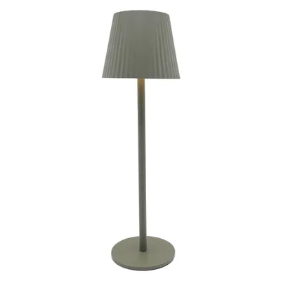 A taupe, pleated outdoor table lamp with a USB dimming feature.