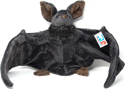 A plush toy bat is displayed against a white background.