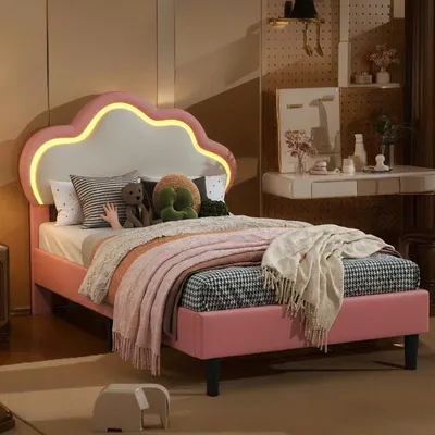 Image de Lit rembourré ProximaX pour enfants 90 x 200 cm, lit pour fille avec motif nuages, LED RGB, hauteur réglable, doux pour la peau, stable, sûr, rose