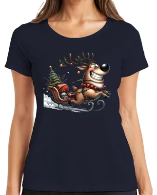 Immagine prodotto di Maglietta da donna Funny Reindeer Sleigh Christmas Gift Retro, Navy, XL